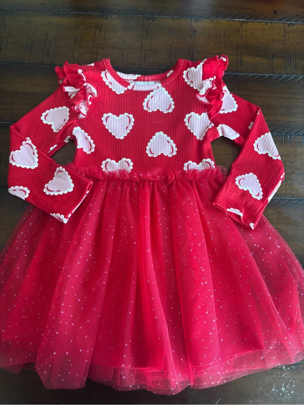 Girls' Red Heart Print Tulle Dress